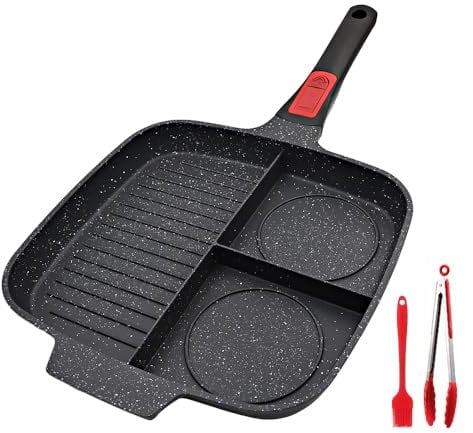 Bobikuke Bistecchiera Antiaderente con Manico Rimovibile, Padella Grill Quadrata 3 Sezioni, Alluminio, Induzione Compatibile 28 x 24 cm - Nero