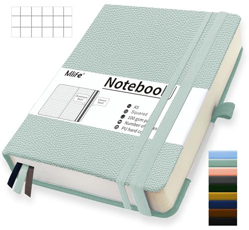 Mlife A5 Kariert Journal Notizbuch,360 Seiten Und 100g/M² Tintenfestes Papier,Hardcover Collegeblock Notizblock,Notizbücher Mit Falttasche Für Büro Schule Zuhause Schreiben&Notizen(Blaugrün)