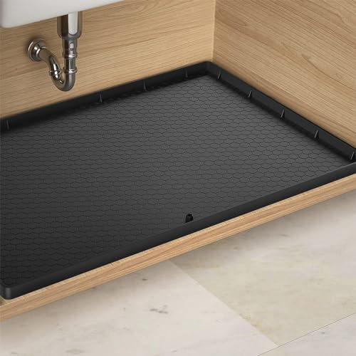 Marstey Tapete para debajo del fregadero, 34 x 22 pulgadas, forro de silicona para gabinete con agujero de drenaje, impermeable y fácil de limpiar, tapete para gabinete de cocina, baño, fregadero