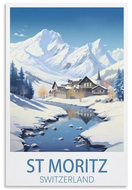 KLYCHF St. Moritz Schweiz Vintage-Reiseposter, Querformat, 20 x 30 cm, Wandkunstdruck, Leinwand-Kunstposter, modernes Familienschlafzimmer-Dekor-Poster