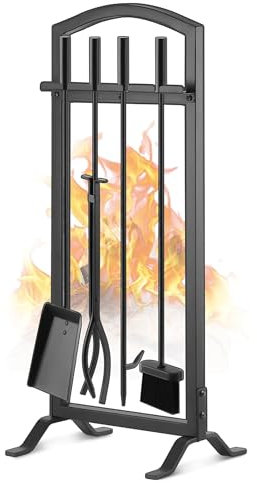 Gtongoko 76.2 cm 5 Stück Kaminwerkzeuge Set mit Ständer, Outdoor Feuerwerkzeuge für Kamin mit Schürhaken, Schaufel, Bürste, Zange und Basis, Kaminzubehör Feuerstelle Set Werkzeuge, Schwarz