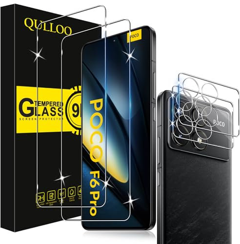 QULLOO Protector de Pantalla para Xiaomi Poco F6 Pro 5G, 2 Piezas Cristal Templado y 2 Piezas Protector de Lente de Cámara, Dureza 9H Ultra Resistente Vidrio Templado