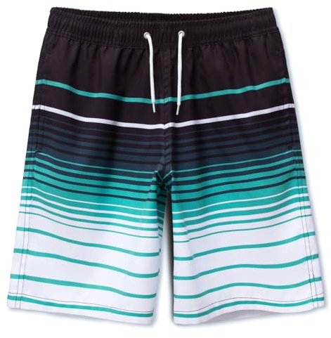 MEILONGER Badehose Jungen Badeshorts Schnelltrocknend Boardshorts mit Netzfutter Taschen und Verstellbarem Tunnelzug(Gestreift Schwarz Blau Weiß,8)
