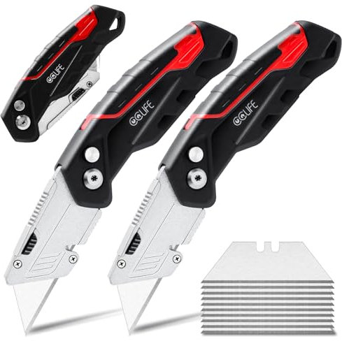 CCLIFE 2 Stück Faltbares Teppichmesser, Klappbares Universalmesser Portabel Cuttermesser mit 10 zusätzlichen SK5 Edelstahlklingen, Gürtelclip und Safety-Lock-Design, Schwarz-Rot
