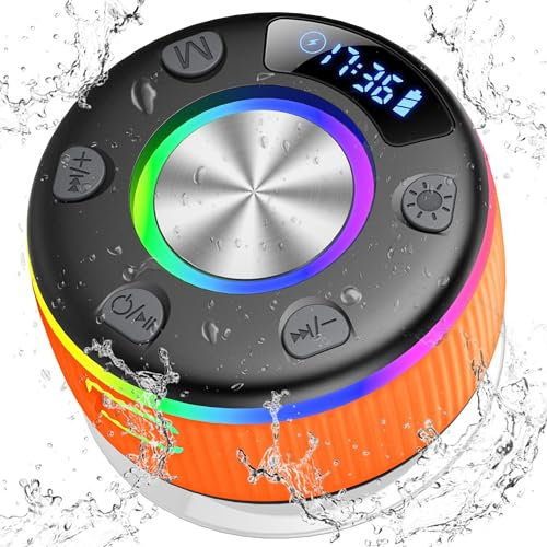 Altavoz Ducha Bluetooth 5.3 con Luces RGB, IP7 Impermeable Altavoz Bluetooth Ducha con Ventosa, 8H Estéreo Manos Call Libres, Pantalla LED USB-C, Altavoces Portatil para Baño Exterior Fiesta, Naranja