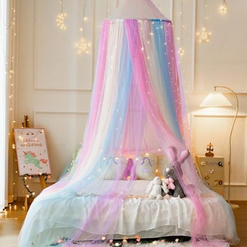 Wnqou Moskitonetz Bett für Doppelbett Einzelbett, Großes Kuppel-Baldachin Betthimmel Mückennetz FeinmaschigesMädchenzimmer, einfache Installation für Reisen und Zuhause (Rainbow net+Lights)