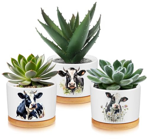 Jingmore 3 Pcs Cow Decor Gift for Christmas Women Planter Ceramic Gift Animal Plant Pot with Bamboo Tray for Office Home Farm House Bathroom Kitchen Decorations (No Plants Included)