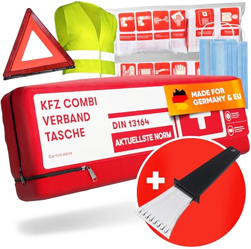PURAHELP KFZ Kombitasche nach aktueller Norm 2025 DIN 13164 (StVO konform) - Inkl. Warndreieck, Warnweste, Eiskratzer - Verbandskasten Warndreieck Set Auto Verbandskasten 2025