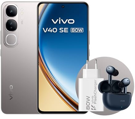 VIVO V40 SE 80W Smartphone 5G, 8GB + 256GB Android, 6.67 Pulgadas, Pantalla AMOLED 120Hz, Retratos con Aura Light, Cámara de 50MP, con Auriculares TWS 3e + Cargador 80W FlashCharge, Plateado