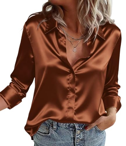 Zeagoo Camicia Donna in Raso Elegante Blusa Scollo a V Seta Camicetta S-XXL | a Maniche Lunghe Button Down Maglietta | Tinta Unita Raso Camicie | Casual Ufficio Business Satin Shirt Top