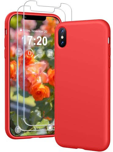 PuyaTeya 3 in 1 Hülle für iPhone X/XS, mit 2 Stück 9H Panzerglas Premium Liquid Silikon Hülle, mit 4-Layer stoßfeste abriebfestes, Soft Mikrofaserfutter Kratzfes Schutzhülle für iPhone X/XS(Rot)