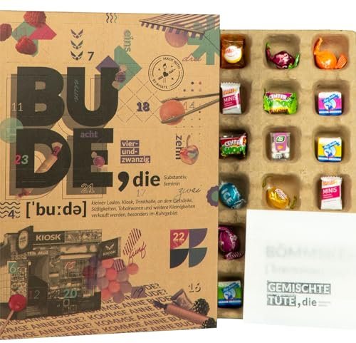 Adventskalender 2024 Ruhrpott Edition – Bude Kiosk Pott Kalender – Süßigkeiten von früher und heute Ruhrgebiet vegan