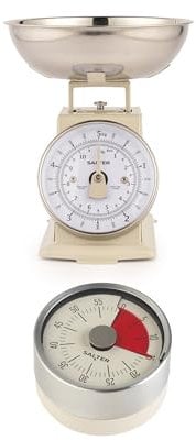 Salter Timeless Mechanical Kitchen Scale & Timer – 5kg Capacity, 1L Dishwasher Safe Bowl, 60 Minute Countdown Markers, Attach To Ovens & Fridges, Weigh Multiple Ingredients, Cream/Stainless Steel