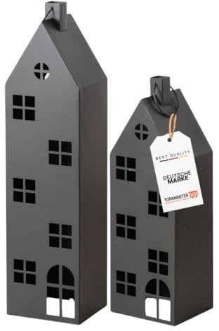 Premium 2er Set Laternen Haus XXL Metall schwarz 66 und 96 cm groß, Laterne Windlicht Indoor, Riesen-Lichthaus mit Henkel & freistehend, Perfekt für Flur, Wohnraum oder Hauseingang