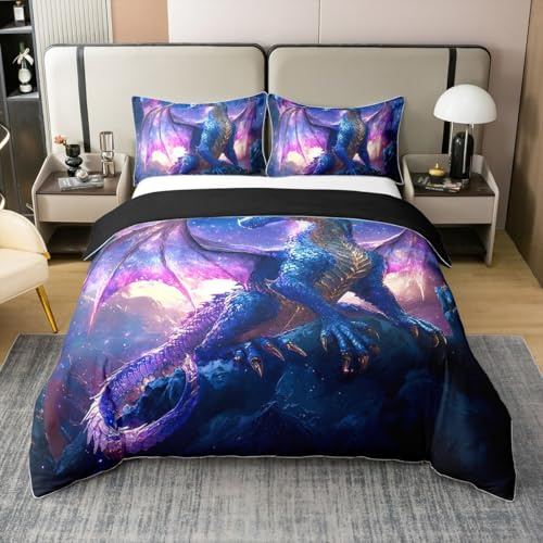 3D-Druck Drache 100% Baumwolle Bettbezug 155x220 für Jungen Mädchen Wilde Tiere Bettwäsche Set Magie Monster Muster Tröster Abdeckung Mythische Tiere Atmungsaktive Neon Lila Schwarzer Drache Bett Set