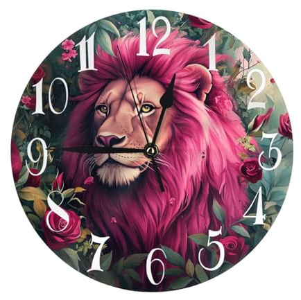 Entemne 25,4 cm leise Wanduhr rosa Löwe Rose Blumen nicht tickende batteriebetriebene dekorative Uhr für Schlafzimmer Wohnzimmer leicht zu lesen