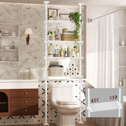 Yeabett Over Toilet Shelving Unit, Height 163–315 cm, Width 39–69 cm, Over Washing Machine Cabinet, Versatile Bathroom Organiser for Bathroom, Kitchen, Living Room, Utility Room, 4-Tier, White