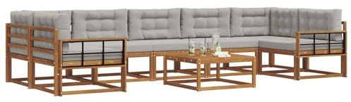 vidaXL Outdoor-Sofagarnitur mit Kissen 8 pcs Natürlich und Hellgrau, Ecksofa-Set aus Akazienholz, modernes Gartenmöbel, Flexibles modulares Sitzen für Terrasse und Hinterhof-Lounge, beige Stil