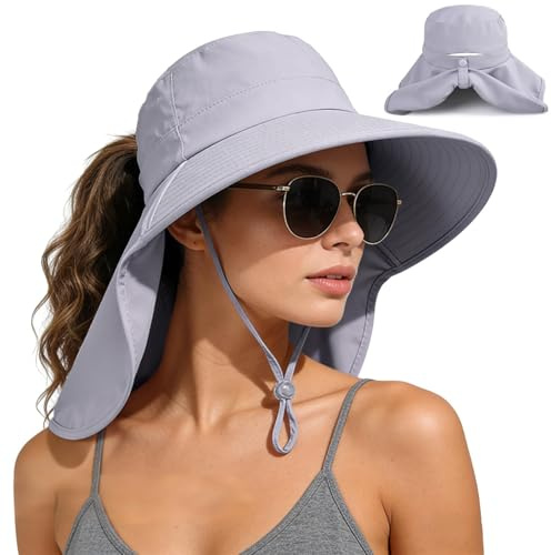 Yemlarey Sonnenhut Damen UV Schutz Sommerhut mit Nackenschutz Fischerhut Breiter Krempe für Frauen Gärtner Hut,Outdoor Hut,Safari Hut Wanderhut