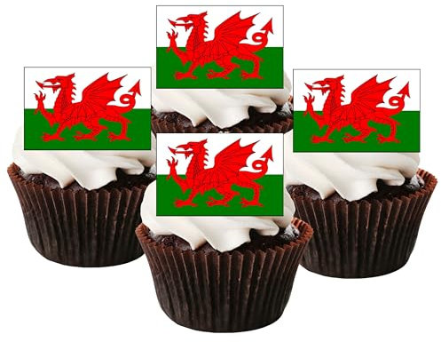 50 Wales Flag Cupcake Toppers, Edible Welsh Dragon Mini Cake Decorations, St Davids Day Party, Rugby Cakes (UNCUT)