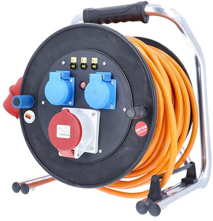 as - Schwabe Panzer-Vollgummi Kabeltrommel 30m H07BQ-F 5G2,5, CEE Stecker 400V 16A 5-polig, 1 CEE Steckdose 400V, 2 Schutzkontaktdosen mit Sicherheitsklappdeckel 230V 16A, Made in Germany, IP54, 20753