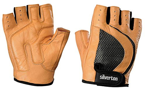 Silverton Classic Leder Fitness Handschuhe, Trainingshandschuhe / Für Damen & Herren / Weiche Polsterung / Für Gym, Calisthenics und Fahrrad / Mit Doppelnähten, Fingerlos & Sicher