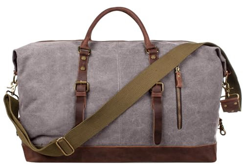 S-ZONE Reisetasche Größere Version Vintage Canvas Leder Trim Unisex Handgepäck Weekender Tadche Sporttasche für Reise Wochenende Urlaub (Hellgrau)