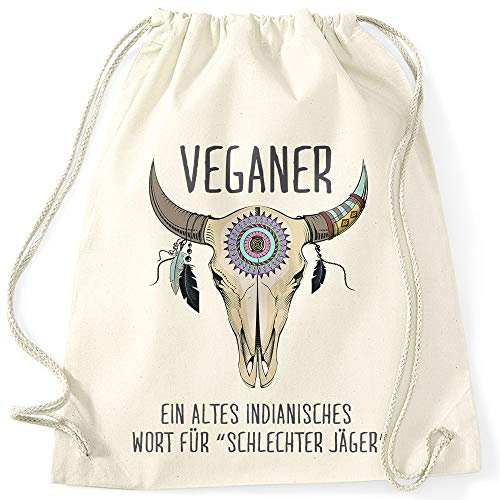 MoonWorks® Turnbeutel mit Spruch lustig Vegetarier EIN altes indianisches Sprichwort für schlechter Jäger Motiv Büffelschädel Veganer Natur Unisize