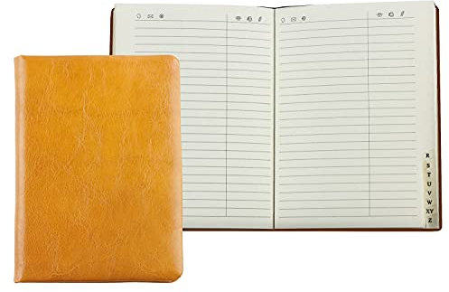 DELMON VARONE - Personalisierbares Adressbuch DIN A6 gebunden mit A-Z Register Anilin Leder braun - Telefonbuch klein mit leicht wattiertem Hardcover Einband & alphabetischem Telefonregister