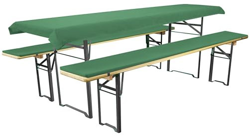 Brandsseller Set de 3 Piezas – 2 Cojines Acolchados para Banco 220x25 cm y 1 Mantel 240x70 cm – Ideal para Mesas Cerveceras, Fiestas Populares o Eventos al Aire Libre – Verde