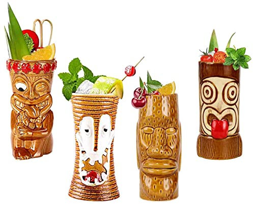 Tiki Becher -Strand Party Dekoration - Cocktail-Set, 4 Stück, Keramik, Cocktailbecher, Tiki-Tassen, hawaiianische Party, niedliche, exotische Cocktailgläser, hawaiianische Tiki-Tasse,Q1