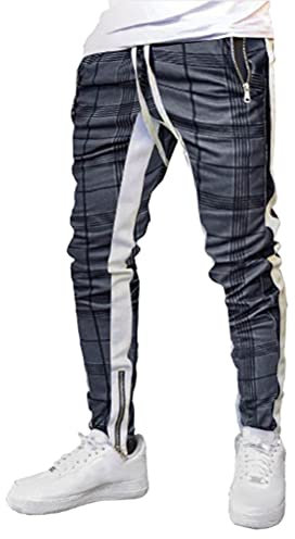 ORANDESIGNE Herren Jogginghose Sporthose Fitness Slim Fit Trainingshose Kontraststreifen Freizeithose Joggers Sweathose Streetwear mit Reissverschluss Taschen A Plaid M