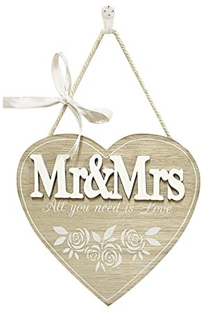 WANDIC 1 panneau en bois à suspendre en forme de cœur avec lettres Mr & Mrs pour décoration de mariage, table, porte de maison, décoration murale