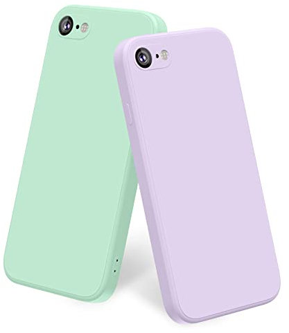 Yisica 2 Pack Silicone Coque Compatible pour iPhone SE 2020 / iPhone 8 / iPhone 7 / iPhone SE 2022, Silicone Coque avec Doublure en Microfibre Douce Protection Complète 4,7, Cyan Clair/Herbe Pourpre