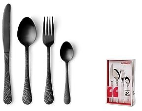 Besteckset Tafelbesteck Essbesteck Besteck Schwarz Matt 24 Teile 6 Personen Messer Gabel Löffel Kaffeelöffel gehämmert PVD Beschichtung Edelstahl Comas Luna