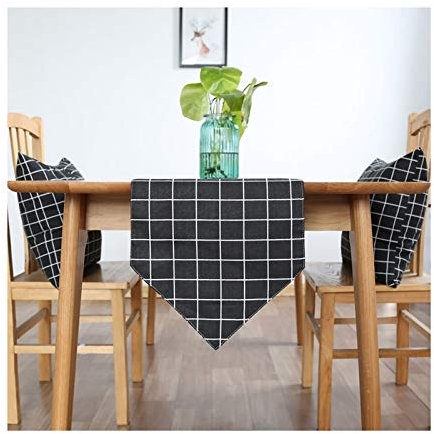 EHOMERY Tischband Natur Leinen, Tischläufer Quadratisch Schwarz Gitter Tischläufer Cotton and Linen 30x140CM