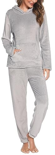 Vlazom Pigiama Donna Manica Lunga, Pantaloni in Flanella e Pile Invernale, XL, A-Grigio