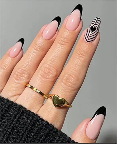 JUSTOTRY 24 Stück Heart Mandel Nägel Zum Aufkleben Kurz,Schwarz French Künstliche Nägel, Nude Oval Kunstnägel Press on Nails, Acryl Fingernägel Fake Nails Kurz für Frauen