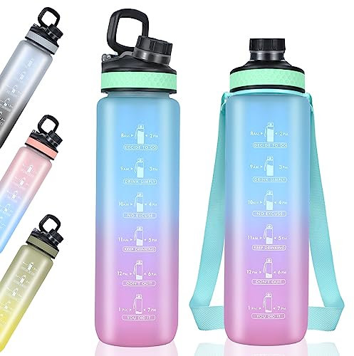 SUPPRUI 1L Water Bottle,Motivational Water Bottle with Time Marker,Leak-proof Drink Bottle BPA Free Non-Toxic for Running,Cycling & Gym (Blue)