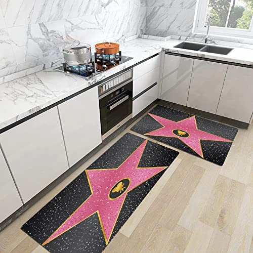 2stk Küchenteppich Waschbar rutschfest Küchenmatte,Popstar Party, Hollywood Walk of Fame Symbol Berühmte Persönlichkeit Unterhaltungskult,Küchenläufer Fußmatte Teppich Läufer Badematten 45x70+45x120cm
