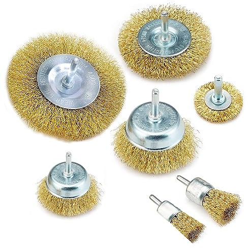 Wire Wheel Cup Brush Drills Set 7 Pcs Brass Plated Steel Brushes Cordless Screwdriver, Round Shaft 6mm Disc Brush Cup Brush Wire and Brush Cleaning Rust Removing Paint Deburring