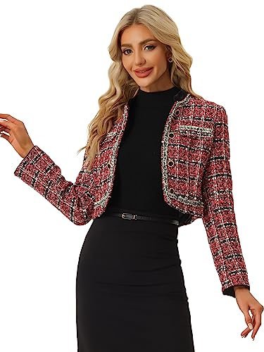 Allegra K Veste Courte en Tweed pour Femme, col Montant, Double Boutonnage, élégant Blazer à Carreaux Rouge XS