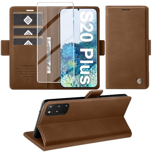 Giyer Handyhülle für Samsung Galaxy S20 Plus Hülle mit Displayschutzfolie, Schutzhülle Galaxy S20 Plus PU Leder Wallet Flip Case Standfunktion Kartenfach Klapphülle für Samsung S20 Plus Cover (Braun)