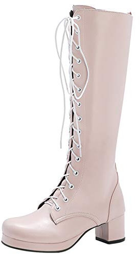 Gicoiz Damen Runde Zehen Lack Kniehohe Stiefel Winter Mode Equestrian Plateau Blockabsatz Stiefel Warm Schnüren Military Biker Stiefeletten Pink Gr 40 EU-41Cn