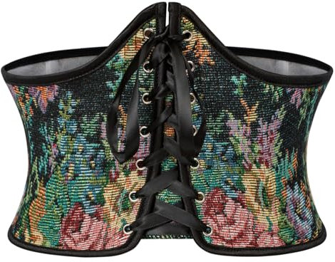 SCARLET DARKNESS Damen Korsett Gürtel Waspie Lace-up Mittelalter Schnürkorsett Cosplay Schwarz mit Blumendruck 40