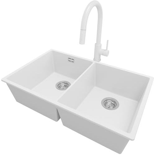 PRIMAGRAN Fregadero Granito Blanco 76x47cm, Cocina 2 Senos + Grifo 40x20cm + Sifón, Sobre encimera al mueble 80cm - London Slim Twin S015