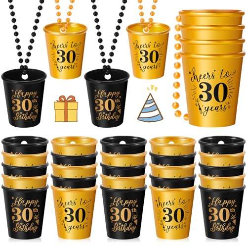 Sureio 24 Pcs 30th Birthday Shot Necklace Glasses Cups Bulk for Women Men guests Plastic Gold and Black Shot Necklace Cups for Birthday Party Favors Anniversary Supplies