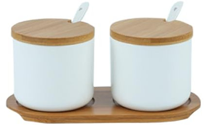 Ceramic Sugar Bowl, 250ml Sugar Pot with Spoon, Wooden Lid and Tray Spice Jar for Salt, Sugar, Coffee, Tea, Seasoning Box for Home Kitchen Coffee Bar, Set of 2 - White