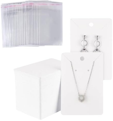 Lot de 100 Cartes de présentation pour Boucles d'oreilles et Colliers - Cartes à Suspendre pour la Vente de Bijoux - Carton avec 100 Sacs adhésifs Transparents - Blanc
