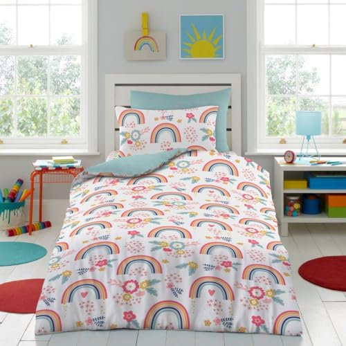 Lions Girls Bedding Set - 100% Microfibre Polyester, Kids Rainbow Duvet Cover Set Single Szie with Matching Pillowcase, Reversible Printed Quilt Covers, Easy Care, Pink, 137x200cm